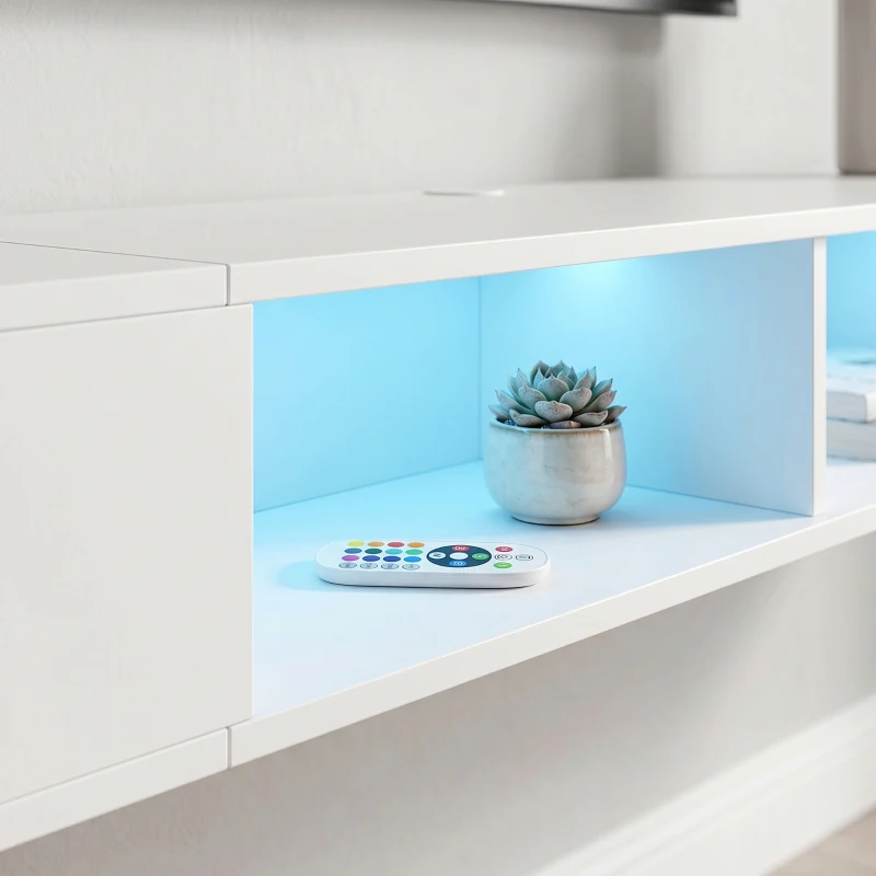 HOMCOM Mueble de TV Suspendido con Luces LED con Estantes Abiertos para Televisión 75 Pulgadas 177,8x30x18 cm Blanco