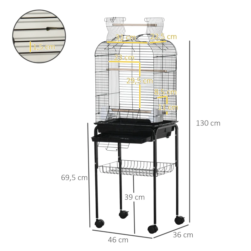 PawHut Gabbia per Uccelli con 3 Posatoi, 2 Ciotole e 2 Porte Laterali, in Acciaio, PP e Legno, 46x36x130 cm, Nera