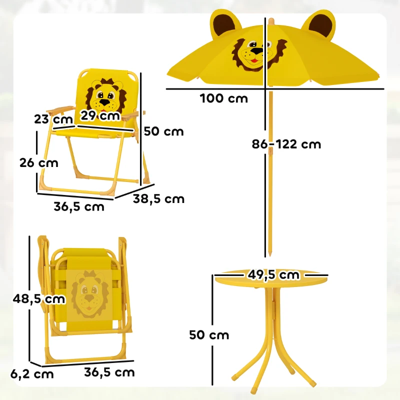 AIYAPLAY Conjunto de mobiliário para crianças, cadeiras, mesa, guarda-sol, design de leão, Amarelo