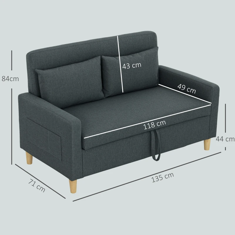 HOMCOM Divano 2 Posti con Spazio Portaoggetti e Cuscini, in Tessuto Effetto Lino e Legno, 135x72x84 cm, Grigio Scuro