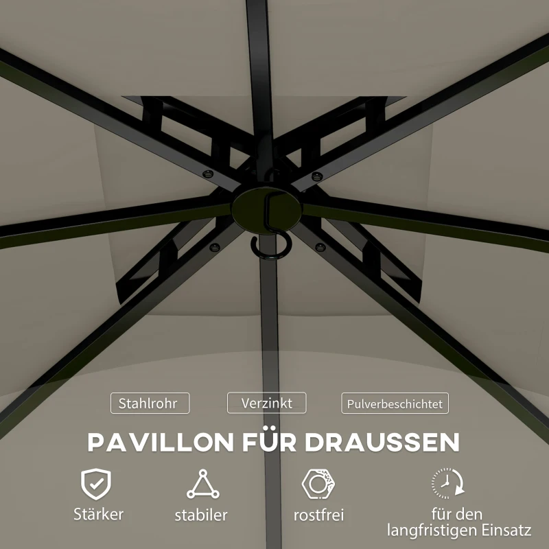 Outsunny 3,4 x 3,4 m Tuinpaviljoen, Feesttent met Ventilatiedak, Boogvensters, Stalen Frame, Lichtgrijs