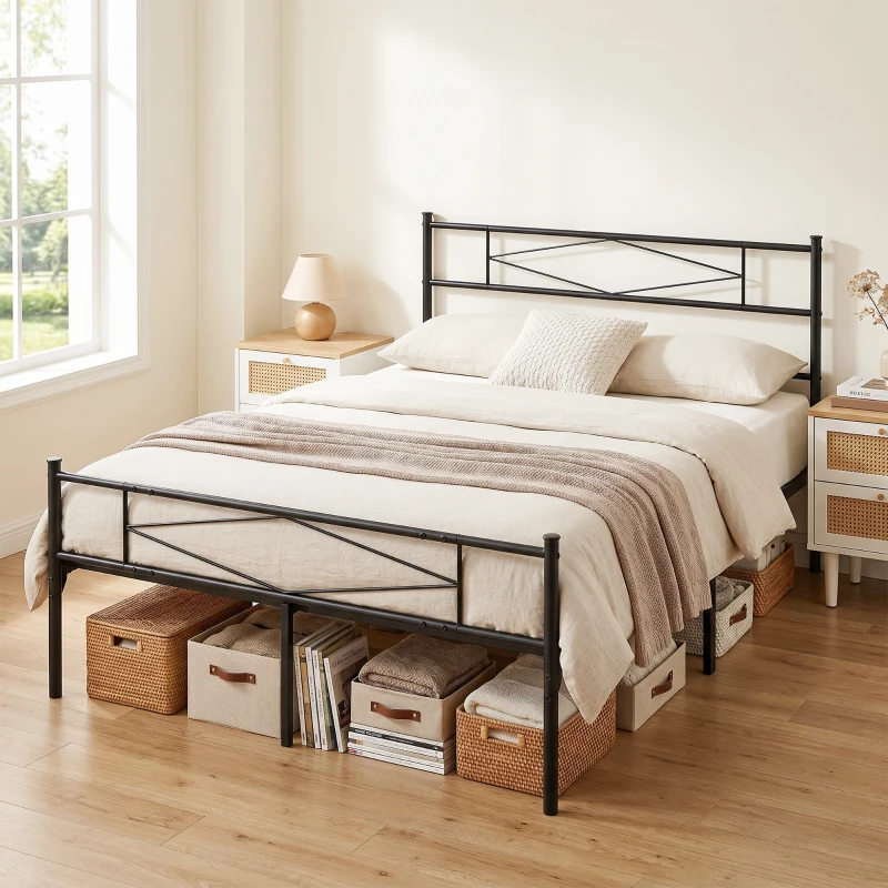 HOMCOM 4ft6 Double Bed Frame with Headboard and Footboard, Metal Platform Bed Frame with 32 cm Underbed Storage, Black