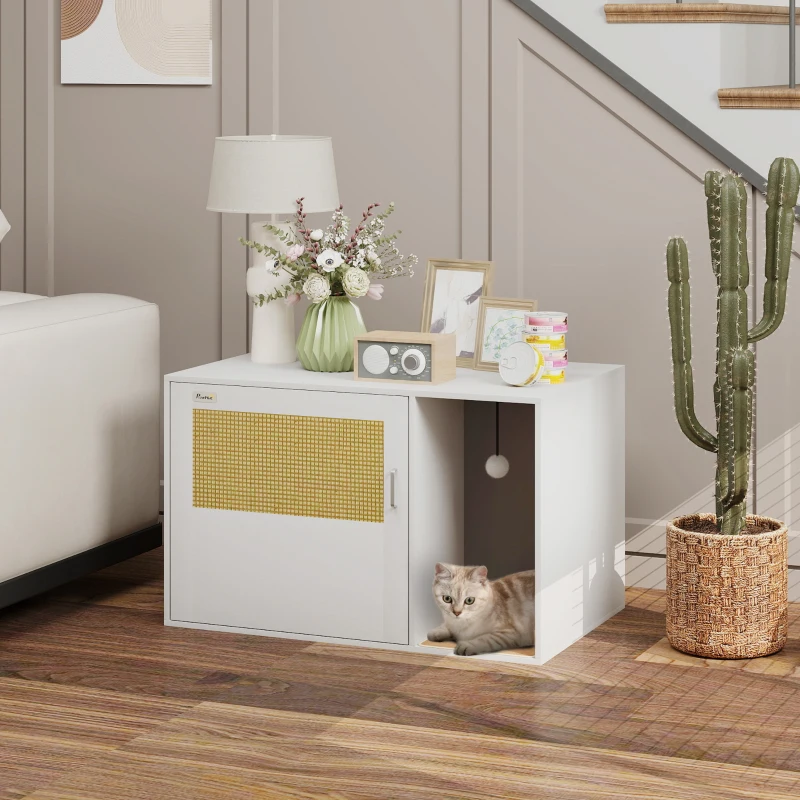 PawHut Maison de toilette chat meuble litière pour chat tapis griffoir porte avec poignées style bohème 80 x 50 x 50 cm blanc