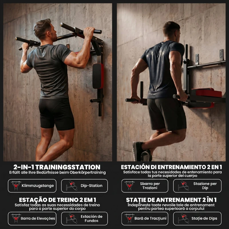 SPORTNOW Stazione 2 in 1 Da Parete per Trazioni E Dip, 200 Kg, Rosso