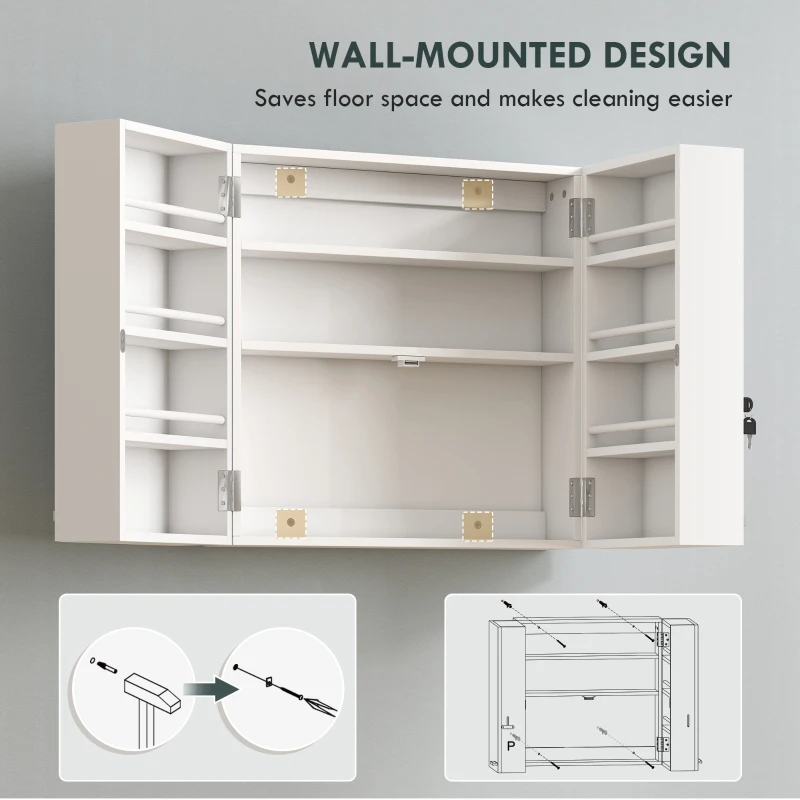 HOMCOM Wall Mount Medicine Cabinet with Key Lock, 3 Tier First Aid Cabinet with 2 Doors and 11 Storage Compartments, White