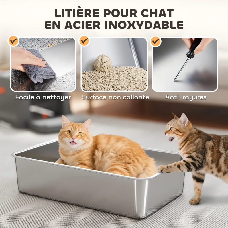 PawHut Bac à litière fermé maison de toilette pour chat acier inoxydable couvercle marche anti-dispersion 60x40x38cm gris foncé