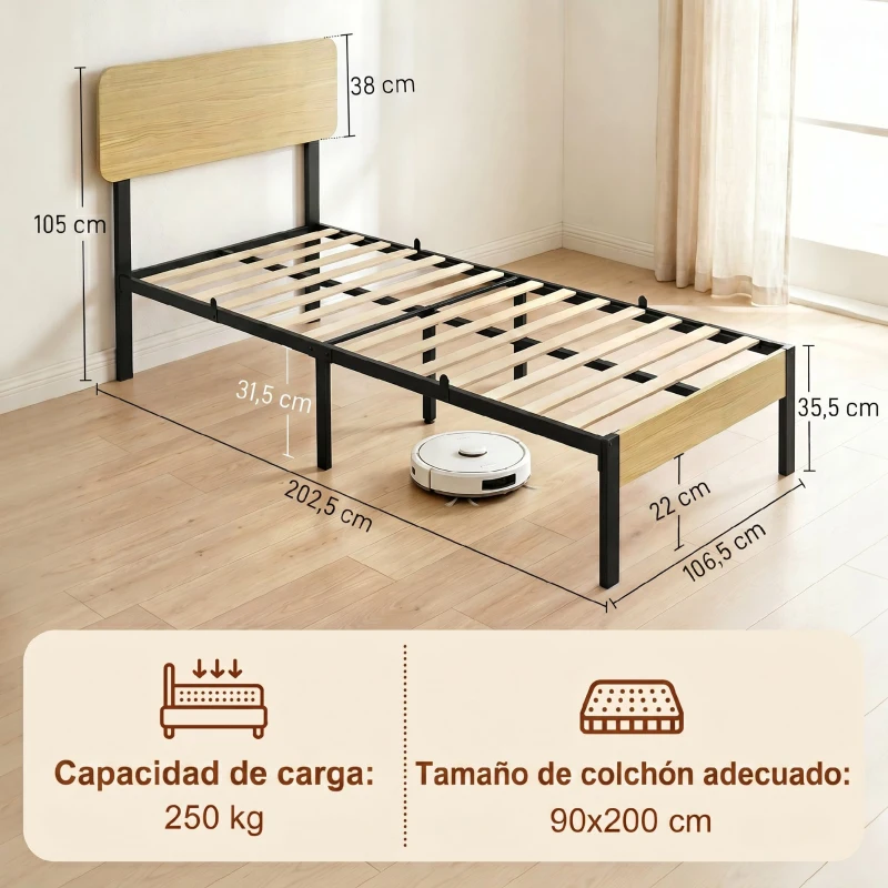 HOMCOM Estructura de Cama 90x200 cm con Cabecero y Piecero Base de Colchón con Space de Almacenamiento