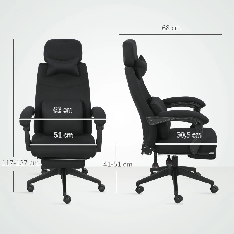 Vinsetto Cadeira de escritório grande conforto encosto ajustável descanso para os pés rodízios 360° linho 62 x 68 x 127 cm preto