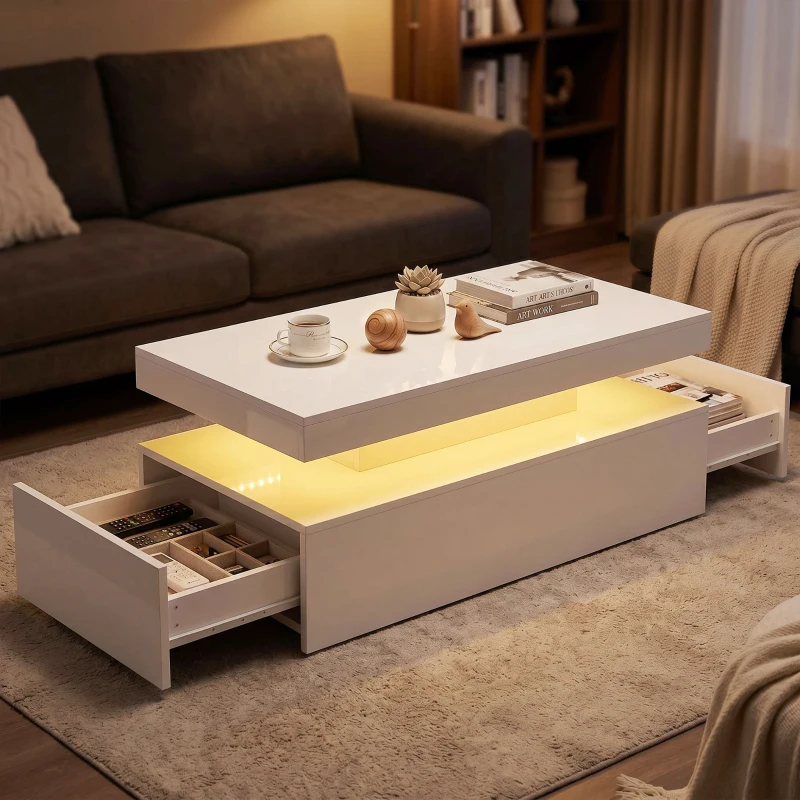 HOMCOM Table basse LED avec rangement, table de salon moderne 2 niveaux avec 2 tiroirs, blanc laqué