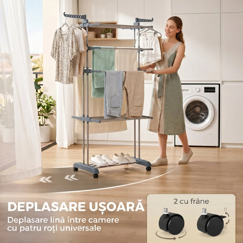 HOMCOM Suport de Uscat Rufe Pliabil cu 5 Niveluri, Uscător Vertical cu Roți, Gri