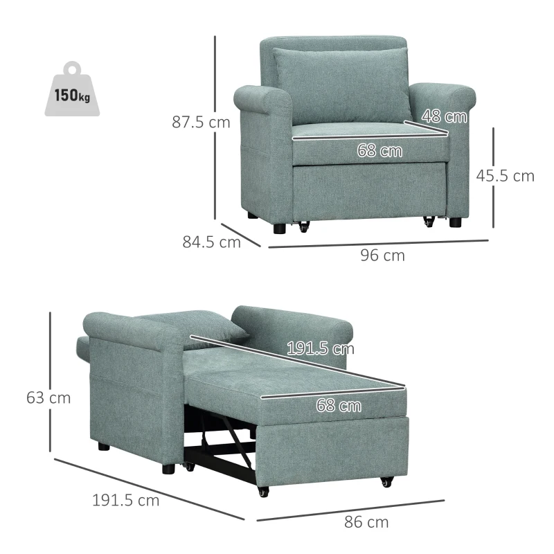 HOMCOM Fotoliu de un singur loc cu spatar reglabil in 4 pozitii, tesatura cu efect de lenjerie respirabila si sezut captusit, 96x84,5x87,5 cm, verde