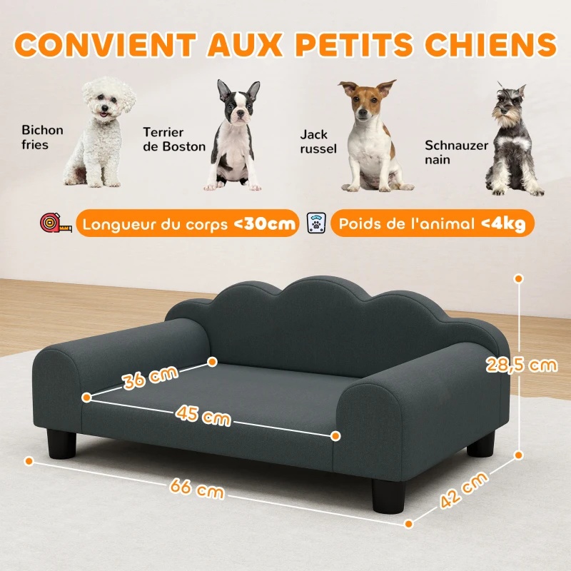 PawHut Sofá para cães, sofá para animais de estimação com encosto e apoios de braços, respirável, 66 x 42 x 28,5 cm, cinza escuro