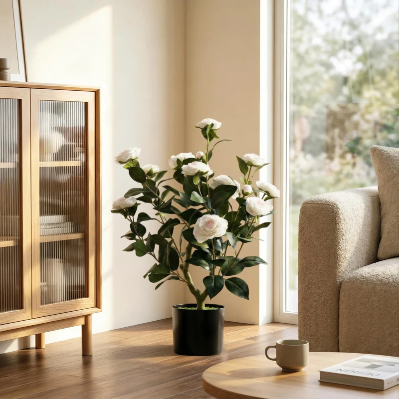 HOMCOM Planta Artificial de Camelia 65cm Árbol Artificial en Maceta con Flores de Seda Realistas 116 Hojas Efecto Musgo Blanco