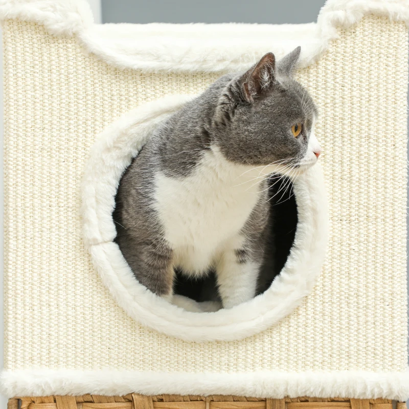 PawHut Casinha para gato de interior 3 níveis, torre para gato com arranhador em sisal 41 x 41 x 75,5 cm, creme