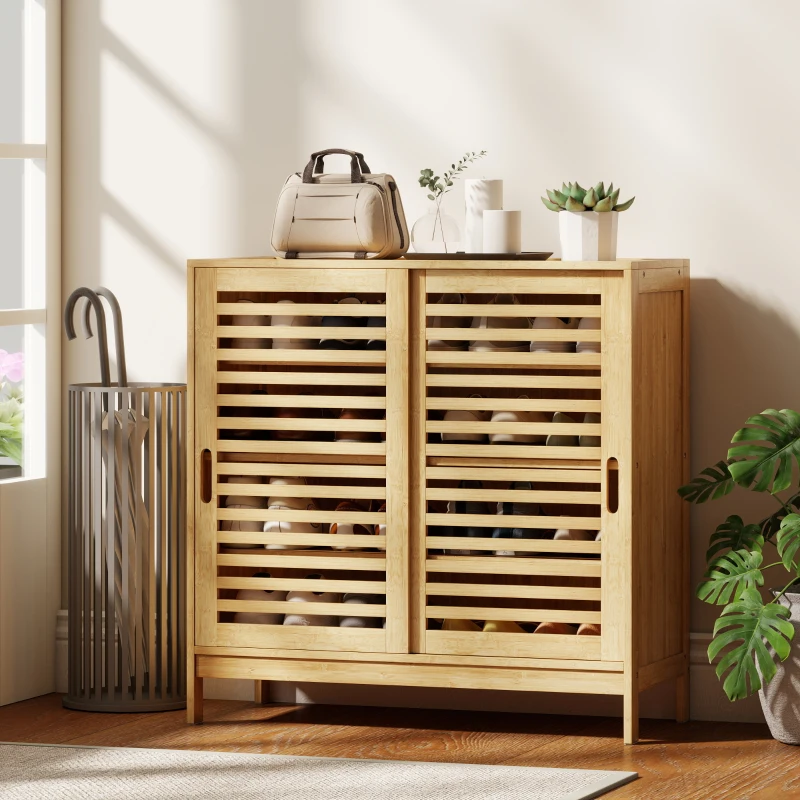 HOMCOM Meuble à chaussures en bambou 16 paires, armoire à chaussures, 2 portes coulissantes, étagères réglables, bois naturel