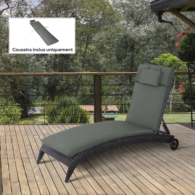 Outsunny Coussin bain de soleil coussin chaise longue matelas transat déhoussable avec zippé, tétière, cordons d'attache, MATELAS UNIQUEMENT, 198 x 53 x 5 cm, gris