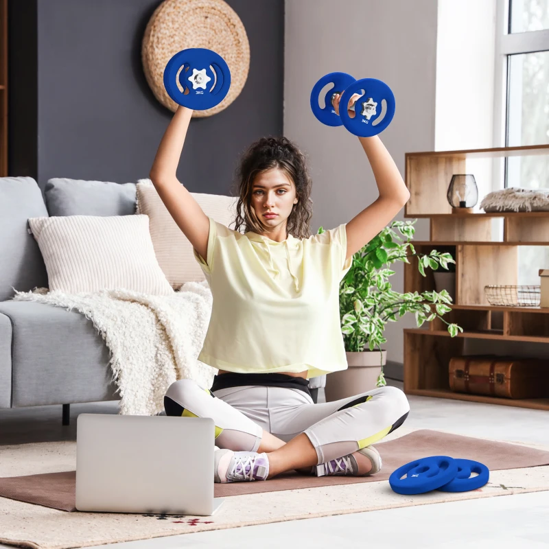 SPORTNOW Conjunto de 2 discos de peso 2 x 3 kg discos de halteres para barras Ø 2,5 cm com pegas fáceis de segurar em metal, azul
