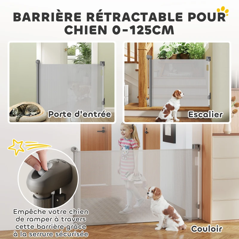 PawHut Barrière rétractable pour chien largeur 149 cm verrouillage automatique - gris
