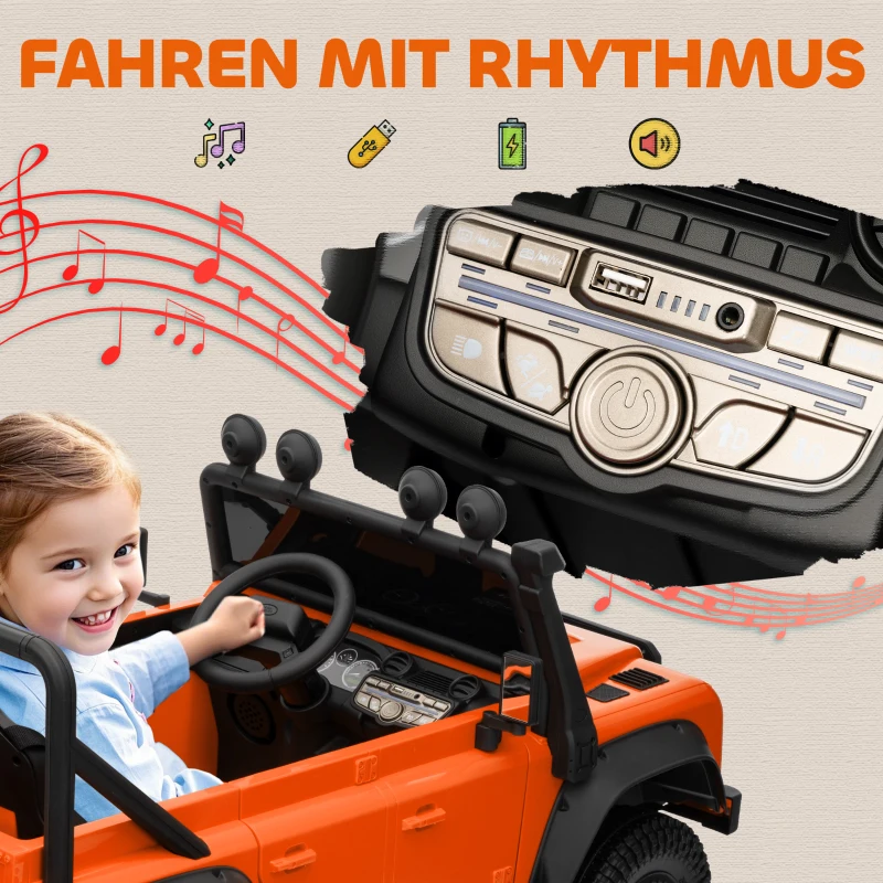 AIYAPLAY Carro elétrico infantil, alimentação 12V, controlo remoto, função música, buzina, luzes LED, Laranja