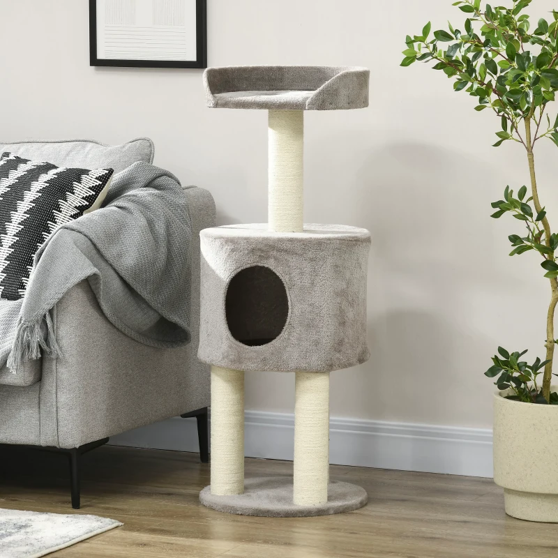 PawHut Arbre à chat griffoirs grattoirs sisal naturel arbre à grimper niche plate-forme en peluche hauteur 103 cm gris