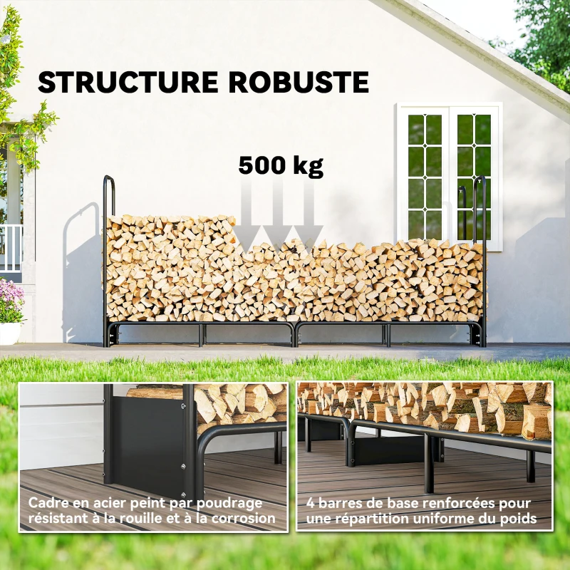Outsunny Range bûches extérieur, abri bois de chauffage couverture imperméable 600D Oxford charge 500 kg 260 x 38 x 118 cm noir