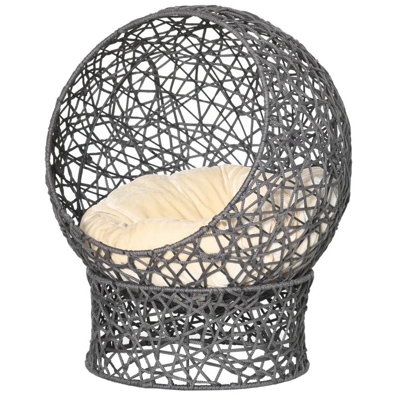 PawHut Cesta para gato cama elevada gato acolhedor casinha caverna 50 x 50 x 60 cm almofada macia creme incluída, corda de poliéster violeta