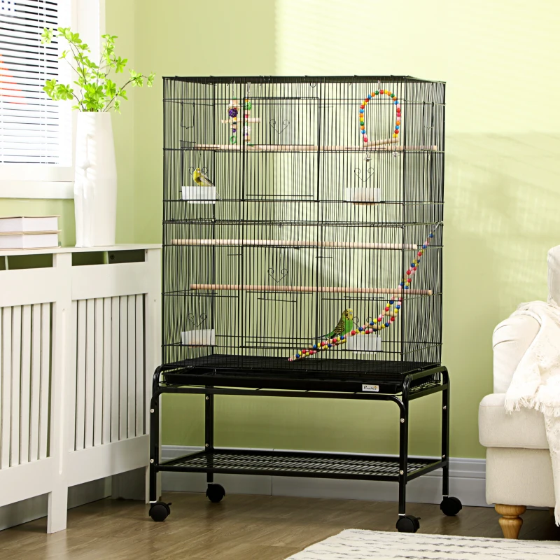 PawHut Gabbia per Uccelli in Acciaio con Posatoi, Giochi, Contenitori per Cibo e Vassoio, 79x49x133 cm, Nero
