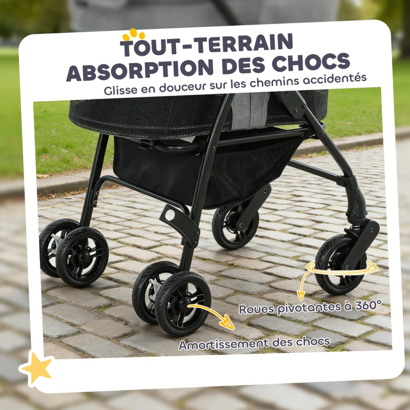 PawHut Poussette pour Chien Pousse-Chien 3 en 1 Détachable Pliable Nacelle Amovible et Sans Fermeture Éclair Suspension Gris