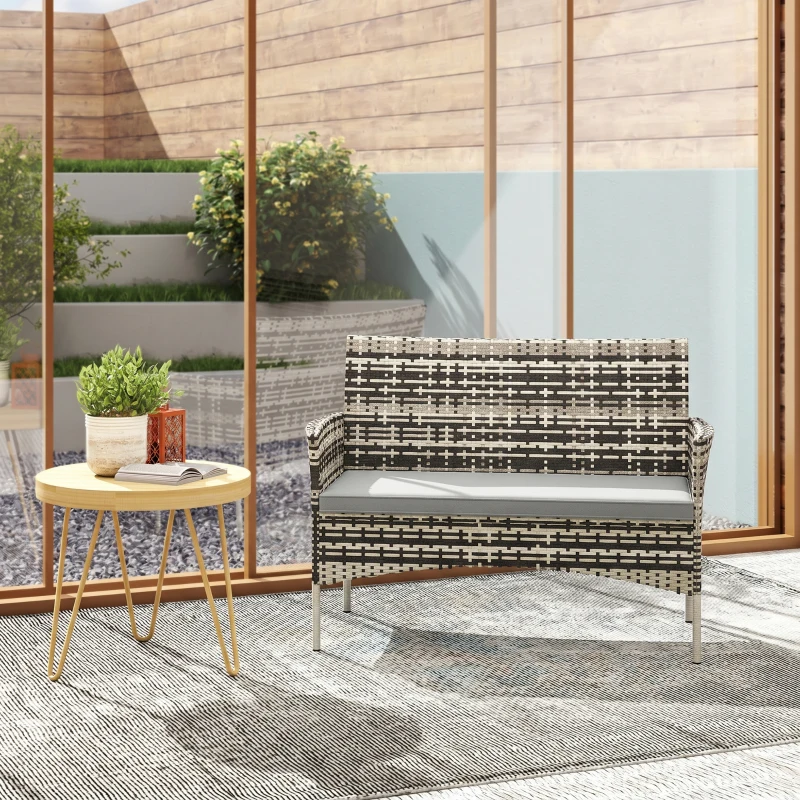 Outsunny 2-Sitzer Rattan Gartensofa PE-Rattan Outdoor-Terrassen-Sofa mit Polster, Anti-Rutsch-Matten, Stahlrahmen, Hellgrau