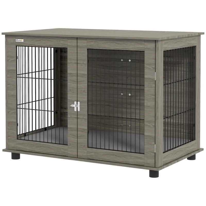 PawHut Gaiola para cão 2 em 1 mesa de apoio com almofada de pelúcia removível porta com fecho 100 x 60 x 73,5 cm cinza