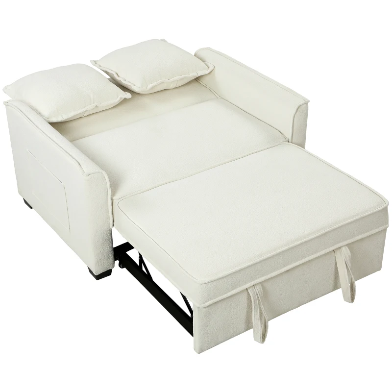 HOMCOM Sofá-Cama 2 Lugares 3 em 1 com Encosto Ajustável Bolsos Laterais 2 Almofadas para Sala Creme