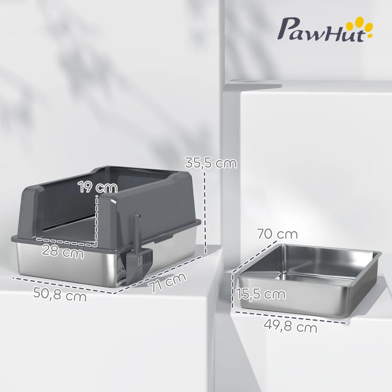 PawHut Caixa de Areia para Gato em Aço Inoxidável 85L grande capacidade casa de banho semi-fechada, 71 x 50,8 x 35,5 cm cinza