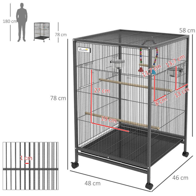 PawHut Cage oiseau sur pied cage sur roulettes avec balançoire, perchoirs et plateau coulissant 48 x 46 x 78 cm en acier noir
