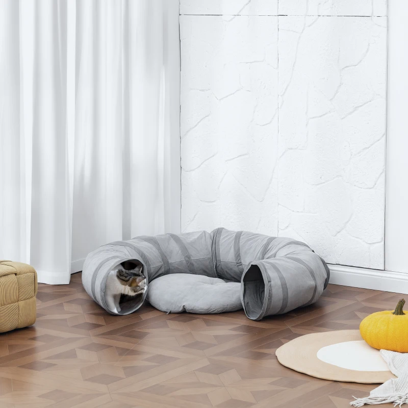 PawHut Túnel para gato interior redondo com cama e almofada, dobrável, com aberturas para bolas e visor, Ø 90 x 27 cm cinza