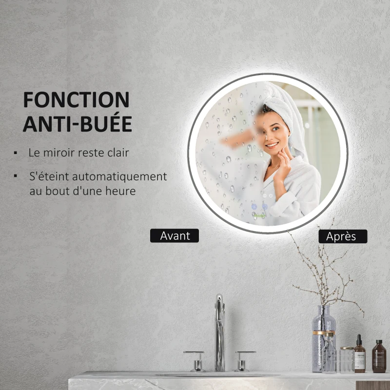 kleankin Miroir rond lumineux LED de salle de bain Ø 60 cm mural avec éclairage 3 couleurs interrupteur tactile 29W blanc argent