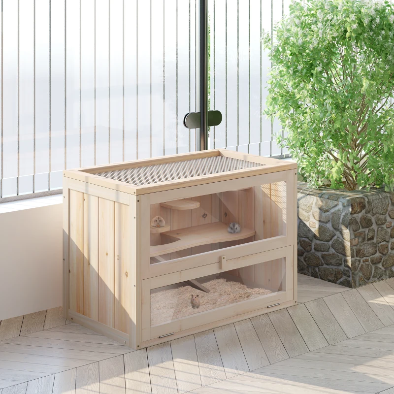 PawHut Houten knaagdierenkooi kooi muizenkooi ratten chinchillakooi klein huisdier 60 x 35 x 42 cm(m-2)