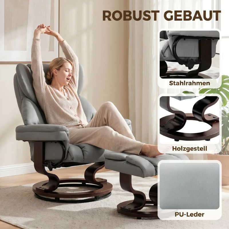 HOMCOM Draaibare relaxfauteuil met voetenbank, hoge rugleuning, hoogwaardig schuim, houten basis, lichtgrijs