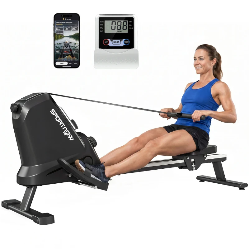 SPORTNOW Aparat de Vâslit, 16 niveluri de rezistență magnetică, șină din aluminiu, Bluetooth, compatibil APP.