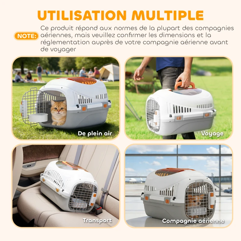 PawHut Caisse de transport chat et chien, cage de transport avec porte acier, bol de nourriture, 49 x 32 x 31 cm, gris et crème