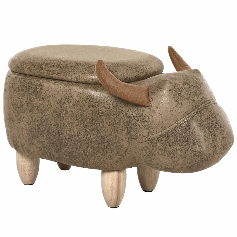 HOMCOM Tabouret Vache - Pouf Vachette - Pouf Taureau Coffre de Rangement 2 en 1 - Pieds Bois d'hévéa revêtement synthétique Aspect Daim Vieilli Marron