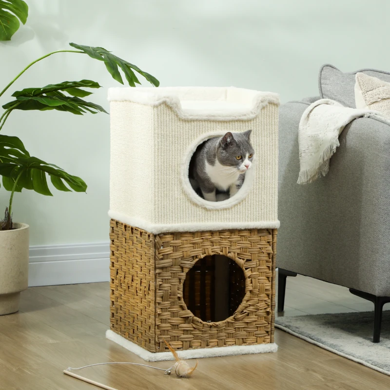 PawHut Casinha para gato de interior 3 níveis, torre para gato com arranhador em sisal 41 x 41 x 75,5 cm, creme