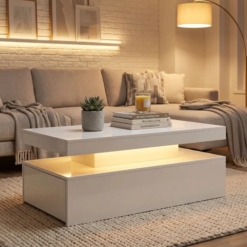 HOMCOM Table basse LED avec rangement, table de salon moderne 2 niveaux avec 2 tiroirs, blanc laqué