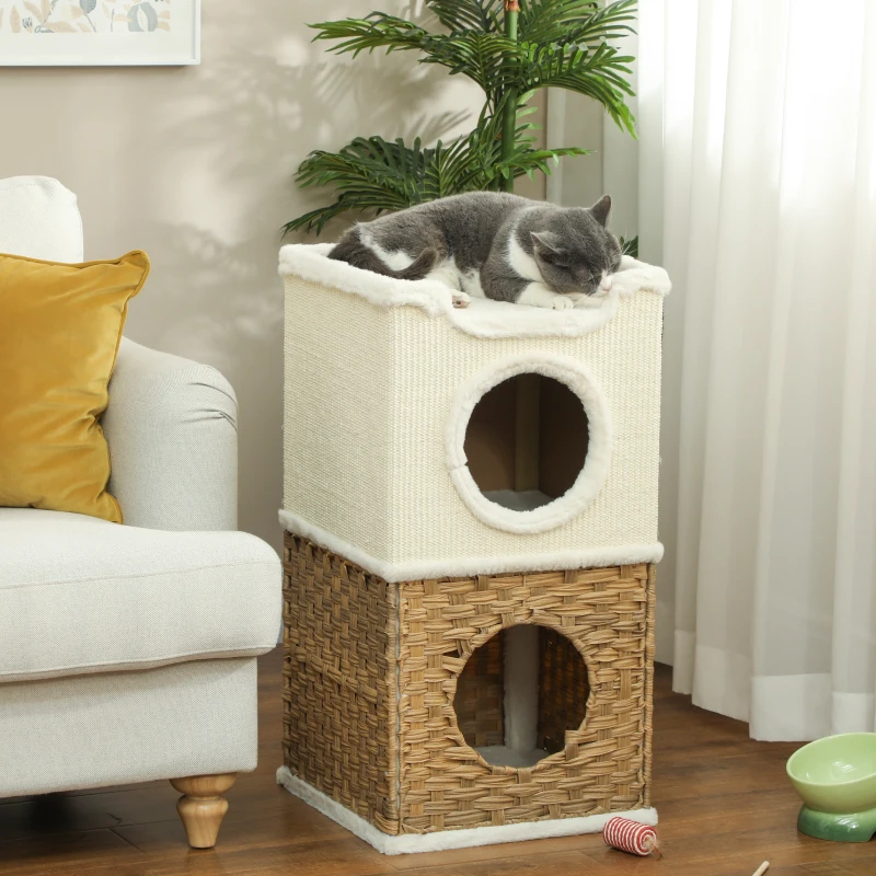 PawHut Casinha para gato de interior 3 níveis, torre para gato com arranhador em sisal 41 x 41 x 75,5 cm, creme