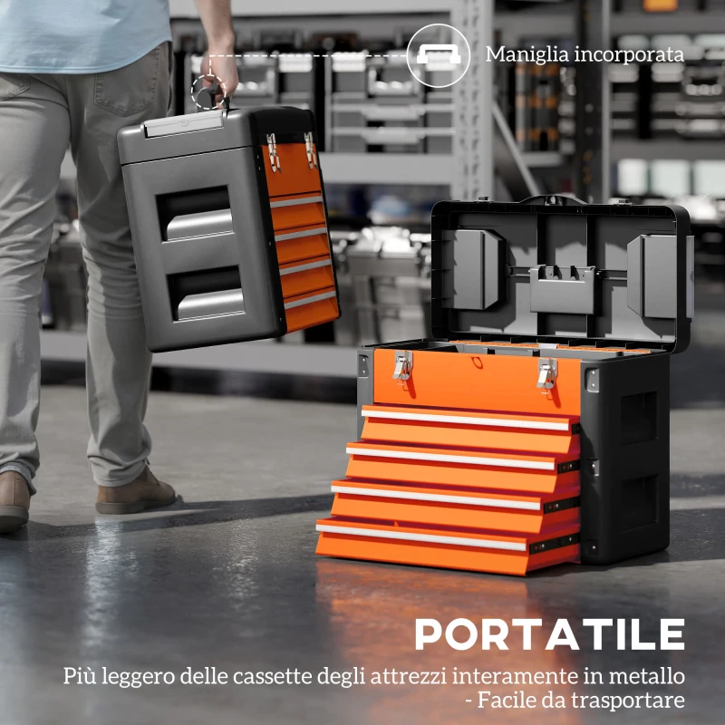 HOMCOM Cassetta Porta Attrezzi con 4 Cassetti e Scomparto Superiore in Acciaio e Plastica, Arancione e Nero