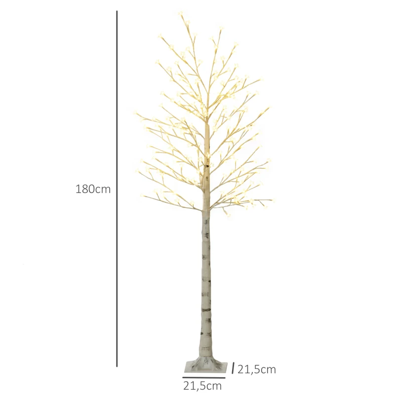HOMCOM Kunstboom, Kunstberk met 180 LEDs, 3 Helderheidsniveaus, Warm Wit, Realistische Schors, 21,5 x 21,5 x 180 cm(m-3)
