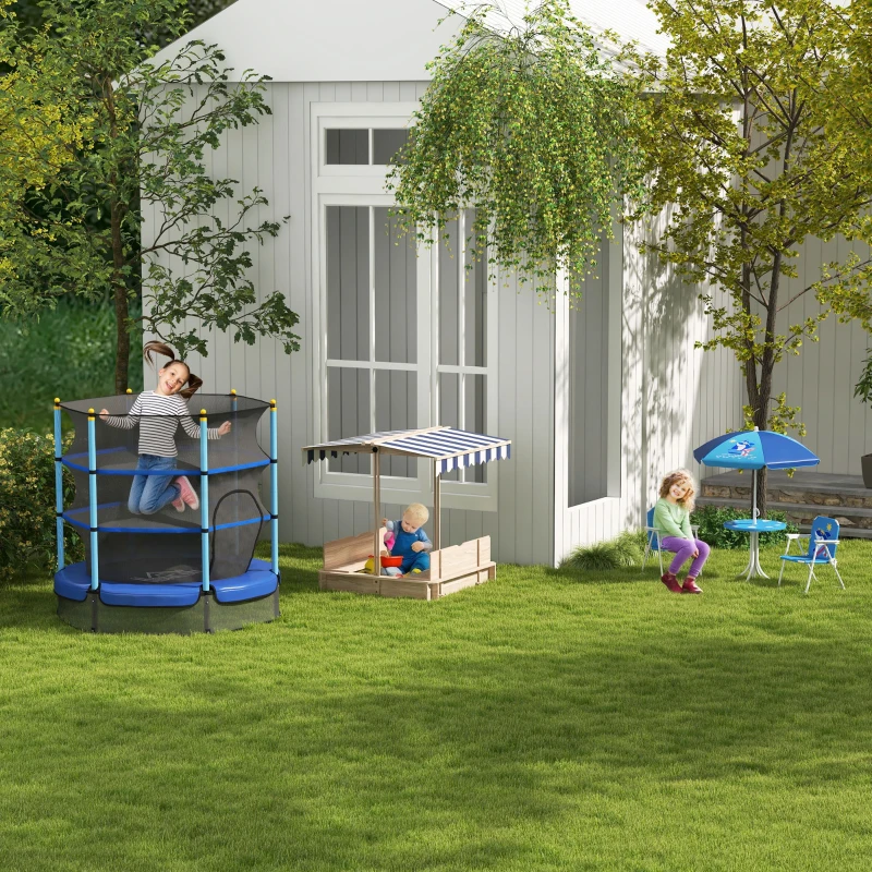 Outsunny Conjunto infantil de 4 peças com guarda-sol, mesa infantil com 2 cadeiras dobráveis, mesa de piquenique outdoor para crianças 3-6 anos, móveis de jardim para jardim, quintal, terraço, Azul