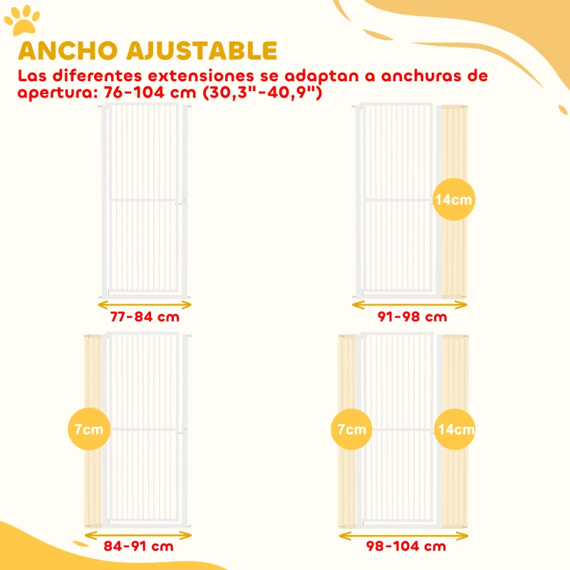 PawHut Barrera para Perros Extra Alta con Ancho Ajustable 77-104 cm Puerta para Perros con Extensiones y Puerta de Paso Blanco