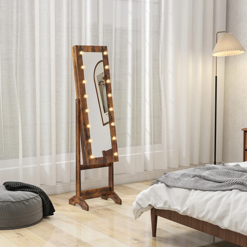 HOMCOM Armário de Joias com Espelho Regulável e Luzes LED 36x30x136 cm Castanho Rústico