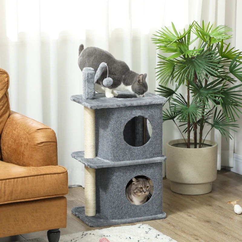 PawHut Árvore para gatos 3 níveis torre para gato 2 nichos e superfície de descanso confortável, bola 43 x 33 x 80 cm cinza escuro