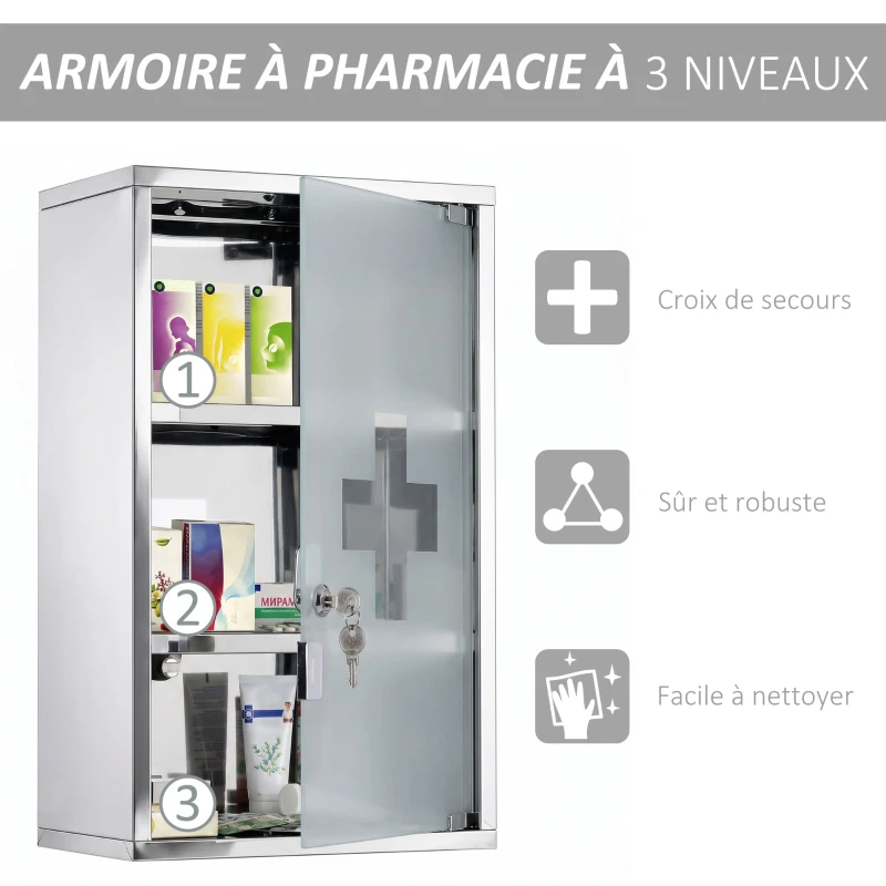HOMCOM Armoire à pharmacie murale à 3 niveaux en acier inoxydable avec porte verrouillable en verre avec 2 clés